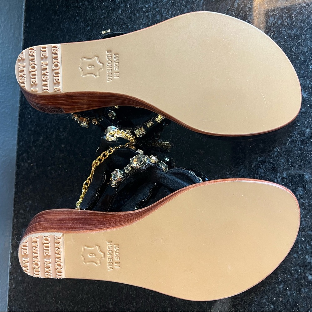 New Mystique Boutique Black and Gold Sandals with Crystal Embellishments - Picture 7 of 7